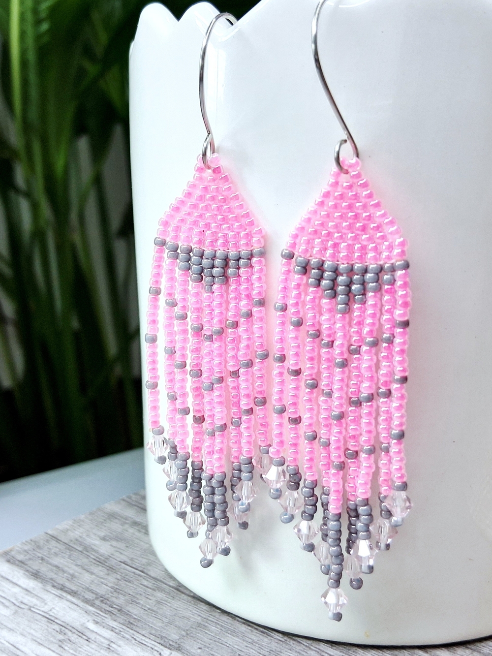 Pink Beaded Fringe Earrings with Swarovski Crystal Accents